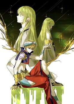 Rule 34 | 1other, 2boys, androgynous, armor, bare shoulders, black shoes, blonde hair, bloom, branch, circlet, commentary request, cup, dual persona, enkidu (fate), fate/grand order, fate (series), faulds, feet out of frame, flower tattoo, from behind, from side, gauntlets, gem, gilgamesh, gilgamesh (caster) (fate), gilgamesh (fate), gold armor, green eyes, green hair, hair between eyes, half-closed eyes, hand up, highres, holding, holding cup, holy grail (fate), hooded robe, kingu (fate), korean commentary, lamyeongood, leaf, long hair, looking at viewer, looking up, male focus, multiple boys, open clothes, open vest, other focus, pants, purple vest, red eyes, red gem, red pants, robe, shoes, short hair, shoulder tattoo, single gauntlet, sitting, smile, sparkle, tattoo, turban, upper body, very long hair, vest, white robe, white turban, wide sleeves