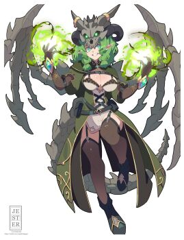 1girl black_shoes black_thighhighs blue_eyes breasts brown_gloves cleavage coat commission dragon_horns dragon_tail dragon_wings full_body gloves glowing green_coat green_eyes highres horns jesternalagon large_breasts long_hair magic mask open_clothes open_coat original pointy_ears shoes simple_background skeletal_tail skeletal_wings skull skull_mask smile solo standing tail teeth thighhighs white_background wings