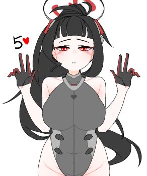 1girl animated animated_gif bare_shoulders black_gloves black_hair blue_archive blunt_bangs blush breasts bright_pupils collarbone commentary_request covered_navel dthmns gloves grey_leotard halo high_ponytail highleg highleg_leotard korean_commentary korean_text large_breasts leaning_forward leotard long_hair looking_at_viewer mechanical_halo narrowed_eyes official_alternate_costume parted_lips ponytail red_eyes ringed_eyes rio_(armed)_(blue_archive) rio_(blue_archive) sexually_suggestive simple_background solo standing white_background white_pupils