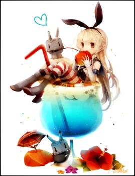 1girl ashisu_(shisono) black_hairband black_neckerchief black_panties blonde_hair blue_sailor_collar boots brown_eyes buttons cherry cocktail commentary_request double-breasted drinking_straw eating elbow_gloves flower food fruit full_body gloves grey_boots hairband heart high_heel_boots high_heels highres holding holding_cherry holding_food holding_fruit horizontal-striped_thighhighs kantai_collection lifebuoy light_blush long_hair neckerchief open_mouth orange_(fruit) orange_slice oversized_food oversized_object panties red_flower rensouhou-chan sailor_collar shimakaze_(kancolle) shirt simple_background skirt sleeveless sleeveless_shirt star_(symbol) striped_clothes striped_thighhighs swim_ring thighhighs underwear white_background white_gloves white_shirt