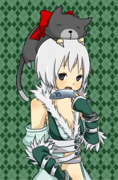 Rule 34 | 1girl, animal, animal on head, argyle background, black cat, blush, bow, breasts, cat, cat on head, choker, coat, commentary request, cross-laced clothes, cross-laced top, expressionless, fingerless gloves, fish in mouth, fur-trimmed coat, fur trim, gloves, green background, green coat, green gloves, grey eyes, grey hair, looking at viewer, meiko (nattu303), on head, open mouth, ragnarok online, red bow, shadow chaser (ragnarok online), short hair, small breasts, solo, upper body, white choker