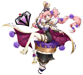 Rule 34 | 1girl, :d, asymmetrical footwear, asymmetrical legwear, beckoning, black dress, boots, brambles, breasts, cape, chain, cleavage, crossed legs, crown, cushion, dress, floating, floating cape, floating clothes, floating hair, floating object, flower, full body, game cg, gem, gold chain, gold trim, hair between eyes, hair flower, hair ornament, hair vines, heart, heart scepter, high heel boots, high heels, highres, holding, holding scepter, impossible clothes, impossible dress, jewelry, langrisser, langrisser mobile, large breasts, long hair, looking at viewer, mismatched footwear, mismatched legwear, mismatched thighhighs, multicolored dress, nail polish, noemi (langrisser), official alternate costume, official art, on cushion, open mouth, outstretched hand, pink eyes, pink flower, pink hair, pink rose, plant, purple flower, purple rose, queen, red cape, red nails, rose, scepter, second-party source, simple background, sitting, smile, solo, supportasse, tachi-e, thigh strap, thighhighs, thorns, tight clothes, tight dress, transparent background, twintails, two-sided cape, two-sided fabric, very long hair, vines, white cape, white thighhighs