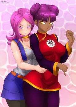 2girls amy_(dragon_ball_oc) belt black_pantyhose blue_skirt blue_vest blush borrowed_character breasts china_dress chinese_clothes choker cleavage collarbone commission cynthia_(dragon_ball_oc) dark_skin double_bun dragon_ball dress eyeshadow grey_shirt hair_bun hug hug_from_behind long_hair long_sleeves looking_at_another looking_at_viewer looking_back makeup medium_breasts multiple_girls open_mouth orange_belt original pantyhose pink_background pink_eyes pink_hair purple_hair purple_pantyhose red_dress red_eyeshadow shirt skirt smile standing vest water yellow_eyes zel-sama