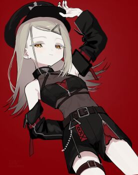 1girl belt detached_sleeves flat_chest from_below gakuen_idolmaster grey_hair hat highres idolmaster kakuzatou_(sugar_xouox) long_hair orange_eyes peaked_cap red_background see-through_clothes shinosawa_hiro shorts smile solo thigh_belt thigh_strap