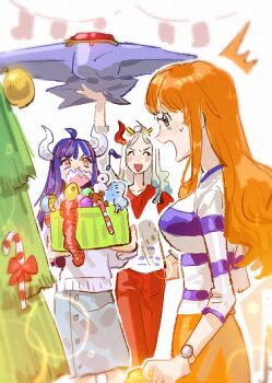 Rule 34 | 2025, 3girls, adapted costume, ahoge, arm up, blue hair, blue skirt, blush, box, breasts, brown eyes, candy, candy cane, christmas, christmas ornaments, christmas tree, commentary, feet out of frame, food, from side, gen 1 pokemon, holding, holding box, horns, large breasts, long hair, looking at another, multiple girls, nami (one piece), nami (one piece) (east blue), nintendo, one piece, open mouth, orange hair, pants, pink eyes, pokemon, raine (acke2445), red pants, shirt, skirt, starmie, surprised, sweatdrop, symbol-only commentary, ulti (one piece), wavy hair, white hair, yamato (one piece), yellow skirt