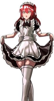 1girl alternate_costume apron blush bocchi_the_rock! clothes_lift commentary_request embarrassed highres kita_ikuyo korean_commentary leggings maid maid_apron maid_headdress medium_hair red_hair side_ponytail simple_background skirt skirt_lift solo totsuka_saika_(totsukasaika59) white_background white_leggings yellow_eyes