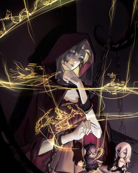 1girl absurdres blonde_hair cassie_(shadow_slave) chain character_doll cloak colored_inner_hair commentary cuffs curtained_hair doll doodle_inset dragon english_commentary glowing glowing_hair hand_on_own_face head_tilt highres hood hood_up hooded_cloak jiejiepen looking_at_viewer multicolored_hair nephis_(shadow_slave) puppet_strings shackles shadow_slave smile solo sunny_(shadow_slave) underlighting upper_body variant_set