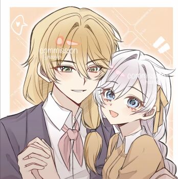 Rule 34 | 1boy, 1girl, alternate costume, arm hug, artist name, blonde hair, blue eyes, braid, chinese commentary, collared shirt, commission, couple, green eyes, hair between eyes, hair intakes, hair over shoulder, happy, head tilt, heads together, heart, hetero, highres, holding hands, honkai (series), honkai impact 3rd, huabu308, jacket, kallen kaslana, leaning on person, leaning to the side, light blush, long braid, long hair, long sleeves, looking down, looking to the side, looking up, low ponytail, open clothes, open jacket, open mouth, otto apocalypse, parted lips, ponytail, ribbon, shade, shirt, single braid, smile, spoken heart, standing, upper body, white hair, white shirt, yellow ribbon