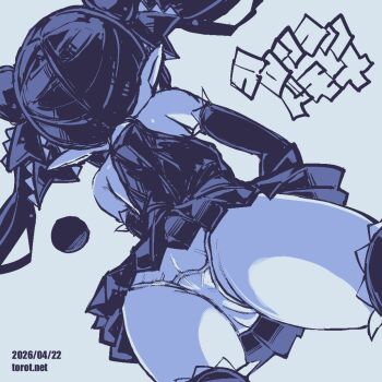 1girl ass backbeako_(torotei) backbeard bare_shoulders blue_background blue_theme commentary cowboy_shot crotch_seam dated dated_commentary dress dutch_angle elbow_gloves from_behind from_below gegege_no_kitarou gloves hair_ribbon kono_lolicon_domome long_hair monochrome original paid_reward_available panties pear-shaped_figure pointy_ears ribbon simple_background sleeveless sleeveless_dress solo thighhighs thighs torotei translated twintails underwear upskirt watermark web_address