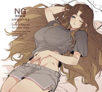 09wave_hb 1girl arm_up bed_sheet blue_eyes breasts brown_hair cowboy_shot grey_shirt grey_shorts highres large_breasts limbus_company long_hair looking_at_viewer on_bed one_eye_closed parted_bangs parted_lips pillow project_moon rodion_(project_moon) shirt short_sleeves shorts solo very_long_hair