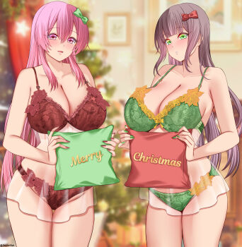2girls absurdres babydoll bare_arms blurry blurry_background bow bra breasts brown_hair christmas christmas_present cleavage collarbone commentary_request commission curtains depth_of_field gift green_bow green_bra green_eyes green_panties hair_bow highres holding holding_pillow indoors large_breasts long_hair makudesu multiple_girls night original panties parted_lips picture_frame pillow pink_eyes pink_hair red_bow red_bra red_panties see-through_babydoll see-through_clothes sidelocks smile standing thighs underwear very_long_hair window