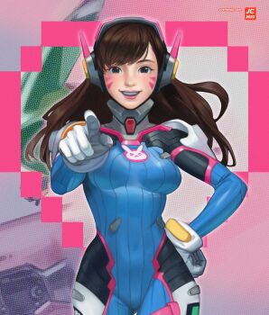 1girl 2023 animal_print blue_bodysuit bodysuit breasts brown_eyes brown_hair cowboy_shot d.va_(overwatch) facepaint facial_mark gloves hand_on_own_hip headphones heart highres long_hair looking_at_viewer mecha_pilot_suit medium_breasts meka_(overwatch) open_mouth outstretched_hand overlord_jc overwatch pixel_heart pointing pointing_at_viewer rabbit_print ribbed_bodysuit skin_tight smile solo teeth upper_teeth_only whisker_markings white_gloves