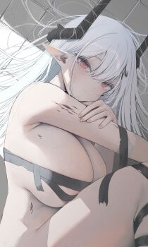 1girl absurdres arched_back arknights bbolalus black_horns blush breasts cleavage closed_mouth commentary_request deep_skin dot_nose expressionless hair_between_eyes highres horns huge_breasts korean_commentary long_hair looking_at_viewer looking_to_the_side material_growth messy_hair mudrock_(arknights) nude oripathy_lesion_(arknights) partial_commentary pink_eyes pointy_ears revealing_clothes skindentation solo subsurface_scattering thick_thighs thighs tilted_head veins veiny_breasts white_hair