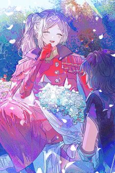 Rule 34 | 2girls, blush, bouquet, breasts, bush, closed eyes, commentary request, couple, dress, edelgard von hresvelg, edelgard von hresvelg (timeskip), falling petals, female byleth (fire emblem), fire emblem, fire emblem: three houses, flower, green hair, happy, head tilt, highres, holding, holding bouquet, kneeling, korean commentary, medium breasts, multiple girls, nintendo, official alternate hairstyle, open mouth, outdoors, petals, red dress, sanya (hwanmul), side ponytail, sitting, smile, sunlight, upper body, wavy hair, yuri