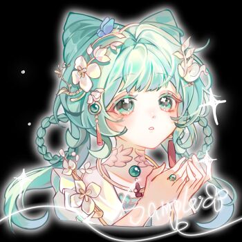 Rule 34 | 1girl, aqua eyes, aqua hair, black background, blunt bangs, braid, braided hair rings, bug, butterfly, choker, colored eyelashes, cone hair bun, eyelashes, flower, hair bun, hair flower, hair ornament, hair rings, insect, jewelry, liu letian, long hair, looking up, necklace, original, parted lips, pink flower, portrait, purple butterfly, ring, sample watermark, sidelocks, solo, square, tassel, watermark