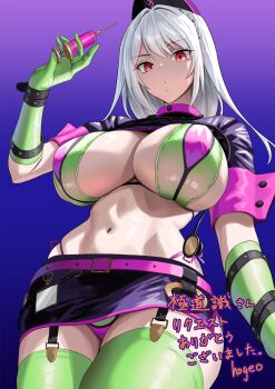 1girl belt bikini breasts cosplay cowboy_shot enun florence_nightingale_(fate) florence_nightingale_(trick_or_treatment)_(fate) florence_nightingale_(trick_or_treatment)_(fate)_(cosplay) garrison_cap gloves green_bikini green_gloves green_thighhighs halloween hat highres holding holding_syringe large_breasts layered_bikini long_hair looking_at_viewer microskirt navel nurse_cap original purple_background purple_belt purple_bikini red_eyes revealing_clothes rubber_gloves shrug_(clothing) simple_background skirt solo swimsuit syringe thighhighs translation_request white_hair