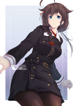 1girl ahoge artist_logo belt black_belt black_jacket black_pantyhose black_skirt blue_eyes braid brown_hair closed_mouth commentary dot_mouth grey_background highres jacket kantai_collection logo long_hair looking_at_viewer map_(blue_catty) pantyhose shigure_(kancolle) skirt solo standing symbol-only_commentary