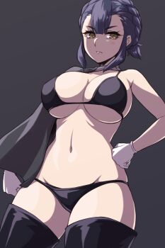 1girl bikini black_bikini black_hair black_thighhighs braid breasts brown_eyes commentary_request cowboy_shot crown_braid detached_sleeves gloves grey_background gundam gundam_suisei_no_majo large_breasts looking_at_viewer pataneet sabina_fardin short_hair simple_background single_detached_sleeve solo standing swimsuit thighhighs white_gloves