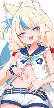 1girl absurdres animal_ears bikini blonde_hair blue_eyes blue_nails blush cat_ears dress fingernails fins fish_tail highres indie_virtual_youtuber legs loli long_hair long_twintails looking_at_viewer milk_tea_1993 nail_polish navel open_clothes open_dress sameko_saba shorts simple_background smile solo spread_navel stomach striped_bikini striped_clothes swimsuit tail thighs twintails virtual_youtuber