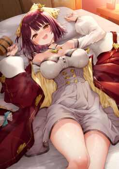 1girl alt_(ctrldel) atelier_(series) atelier_firis bed_sheet beer_mug blush breasts brown_eyes coat coat_partially_removed commentary_request cup drunk grey_skirt head_on_pillow headscarf high-waist_skirt highres holding holding_cup indoors large_breasts long_sleeves looking_at_viewer lying mug off_shoulder on_back on_bed open_mouth pillow puffy_long_sleeves puffy_sleeves purple_hair red_coat short_hair skirt smile solo sophie_neuenmuller sweat thighs underbust yellow_headscarf