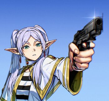 1girl aiming blurry capelet clear_sky commentary depth_of_field elf english_commentary expressionless fantasy frieren green_eyes gun handgun high_collar highres holding holding_gun holding_weapon left-handed long_hair long_sleeves looking_afar looking_ahead parted_bangs parted_lips pointy_ears real_sixer121 short_eyebrows sky solo sousou_no_frieren tsurime twintails weapon white_hair
