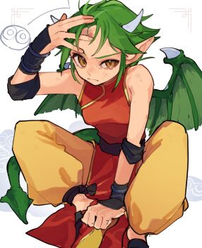 1girl :s adjusting_hair black_gauntlets bouncing breasts brown_eyes china_dress chinese_clothes draco_centauros dragon_girl dragon_tail dragon_wings dress elbow_pads falling fingernails gauntlets green_hair head_bump highres horns knee_up leaning_forward light_blush looking_at_viewer meandros_border medium_breasts pain pants parted_bangs pelvic_curtain pointy_ears puffy_pants puyo_(puyopuyo) puyopuyo puyopuyo_n red_dress short_hair simple_background sitting sleeveless sleeveless_dress tail tearing_up urolo v-shaped_eyebrows white_background wings yellow_pants