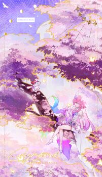 1girl absurdres animal animal_on_lap aqua_hair bare_shoulders blue_sky breasts bug butterfly butterfly_on_hand chimera_(honkai:_star_rail) commentary crossed_legs cyrene_(honkai:_star_rail) cyrene_(ripples_of_past_reverie)_(honkai:_star_rail) dress english_commentary flower gradient_hair hair_flower hair_ornament halo high_heels highres honkai:_star_rail honkai_(series) insect kodano_co long_hair medium_breasts multicolored_hair on_lap pink_hair pointy_ears purple_eyes sitting sitting_on_branch sky thighs two-tone_hair very_long_hair white_dress