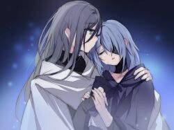 Rule 34 | 2girls, bandaged neck, bandages, black bandages, black hair, black robe, blue background, blue hair, chief (path to nowhere), closed eyes, eyepatch, female chief (path to nowhere), grey eyes, hand on another&#039;s shoulder, hecate (path to nowhere), highres, holding hands, long hair, multiple girls, one eye covered, parted lips, path to nowhere, robe, sappazell, upper body, white robe