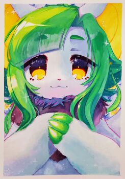 1boy :3 absurdres blunt_bangs border borrowed_character claws closed_mouth commission curtained_hair fewer_digits flipped_hair furry green_hair hands_up highres lower_eyelashes_only male_focus neck_fur no_shirt original own_hands_together protodesu second-party_source short_hair_with_long_locks side_part sidelocks solo sparkle star_(symbol) star_in_eye straight-on symbol_in_eye tareme traditional_media trap upper_body white_border white_fur yellow_background yellow_eyes