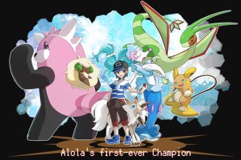 1boy alolan_form alolan_raichu baseball_cap bewear black_background black_hair black_headwear cottonee creature elio_(pokemon) english_text flygon gen_3_pokemon gen_5_pokemon gen_7_pokemon hat highres holding holding_poke_ball looking_at_viewer lycanroc lycanroc_(midday) male_focus miu_(miuuu_721) nintendo poke_ball poke_ball_(basic) pokemon pokemon_(creature) pokemon_sm primarina shirt simple_background standing t-shirt