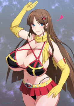 1girl arm_up bare_shoulders belt bikini bikini_top_only black_bikini black_panties blue_eyes breasts brown_hair cleavage covered_erect_nipples elbow_gloves electro_wave_human_tackle gloves hair_ornament hairclip hand_on_own_hip heart highleg highleg_panties highres huge_breasts joy_ride ladybug_hair_ornament long_hair looking_at_viewer midriff miniskirt navel okada_yuriko panties parted_bangs pink_lips pleated_skirt red_skirt scarf sideboob signature skindentation skirt solo swimsuit thighs toujima_tanzaburou_wa_kamen_rider_ni_naritai underboob underwear yellow_belt yellow_gloves yellow_scarf
