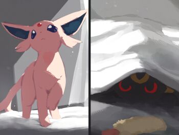Rule 34 | animal focus, black fur, blanket, closed mouth, colored sclera, espeon, forehead jewel, forked tail, gen 2 pokemon, looking at viewer, nintendo, no humans, olyester, pokemon, pokemon (creature), pokemon focus, purple eyes, red eyes, simple background, sunlight, tail, umbreon, under covers