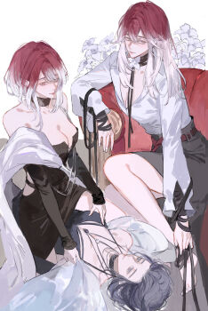 2girls absurdres bare_legs bare_shoulders barefoot belt black_choker black_sleeves breasts chief_(path_to_nowhere) choker cleavage clothing_cutout collarbone collared_shirt couch detached_sleeves dress dress_shirt expressionless eye_contact female_chief_(path_to_nowhere) flower girl_on_top gradient_hair grey_dress grey_eyes grey_hair grey_skirt hair_between_eyes halter_dress halterneck hashtag-only_commentary highres jewelry long_skirt long_sleeves looking_at_another looking_down multicolored_hair multiple_girls multiple_views neck_flower necklace nyoomcat official_alternate_costume on_couch path_to_nowhere red_belt red_hair see-through_clothes see-through_shawl shalom_(city_never_sleeps)_(path_to_nowhere) shalom_(path_to_nowhere) shawl shirt side_cutout signature simple_background sitting sitting_on_person skirt strapless strapless_dress symbol-shaped_pupils triangle-shaped_pupils white_background white_flower white_hair white_shawl white_shirt yuri