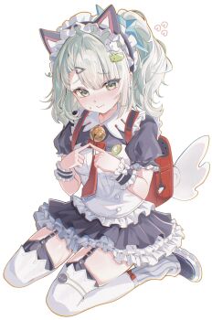 Rule 34 | 1girl, animal ear hairband, animal ears, bag, bell, black dress, black garter straps, blush, cat ear hairband, cat ears, commentary, dress, embarrassed, fake animal ears, fidgeting, garter straps, geumxxi, ghost hair ornament, green eyes, green hair, green nails, hair ornament, hairband, highres, index fingers together, looking at viewer, loose socks, maid, maid headdress, medium hair, multiple hair clips, neck bell, nervous, official alternate costume, one side up, own hands together, puffy short sleeves, puffy sleeves, red bag, short sleeves, shy, sitting, socks, solo, sunna (afternoon tea break) (zenless zone zero), sunna (zenless zone zero), thighhighs, triangle hair ornament, untranslatable commentary, wariza, wavy mouth, white socks, white thighhighs, white wings, winged bag, wings, zenless zone zero