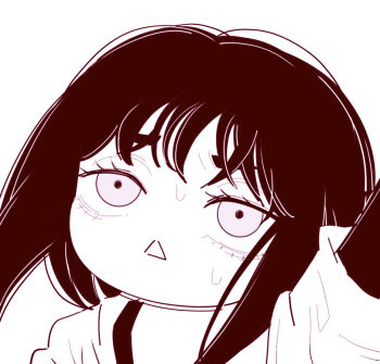 1girl arm_up chainsaw_man chibi chibi_only deer60868637 elbow_gloves gloves jacket long_hair mitaka_asa monochrome shirt solo sweat triangle_mouth