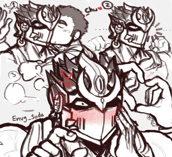 2boys anger_vein bara blush chibi chibi_inset dandere embarrassed envysoda expressionless extra_arms full-face_blush head_steam helmet highres kiss kissing_cheek loading_screen long_sideburns male_focus multiple_boys multiple_views muscular muscular_male protagonist_3_(housamo) sequential shiva_(housamo) short_hair shy sideburns spot_color thick_eyebrows tokyo_houkago_summoners upper_body yaoi