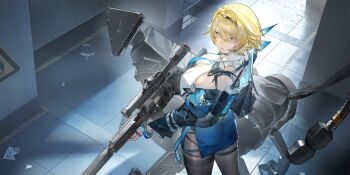 1girl between_breasts black_bra black_pantyhose blonde_hair blue_eyes blue_necktie blue_skirt bra breasts cuffs from_above game_cg girls&#039;_frontline girls&#039;_frontline_2:_exilium gloves hair_intakes hairband handcuffs kulich_(girls&#039;_frontline_2) large_breasts mole mole_under_eye necktie necktie_between_breasts nikketa_(girls&#039;_frontline_2) non-humanoid_robot official_art pantyhose partially_fingerless_gloves robot robot_animal robot_dog short_hair side_slit skirt solo standing third-party_source two-tone_hairband underwear vsk-94 vsk-94_(girls&#039;_frontline)