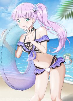 2girls absurdres bare_arms bare_shoulders beach bikini black_choker blue_sky bracelet choker closed_mouth cloud cloudy_sky collarbone double_bun earrings flower frilled_bikini frills green_eyes green_hair hair_bun hair_flower hair_ornament highres holding jewelry long_hair looking_at_another looking_at_viewer love_live! love_live!_superstar!! midriff multicolored_bikini multiple_girls navel neon_(noblelot) ocean onitsuka_tomari palm_leaf ponytail pool_float purple_flower purple_hair red_eyes side_ponytail sky smile star_(symbol) star_charm star_earrings swimsuit thighs tongue tongue_out wien_margarete yellow_flower