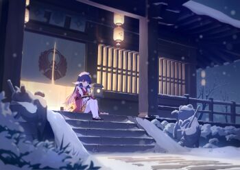 1girl black_shoes blue_hair blunt_tresses game_cg highres japanese_clothes kimono layered_sleeves long_hair long_sleeves maid maid_headdress mary_janes nanoha_(stella_sora) night non-web_source official_art outdoors pantyhose purple_eyes purple_kimono shoes shrug_(clothing) sitting snow solo statue stella_sora wa_maid white_pantyhose white_shrug wide_shot wide_sleeves