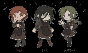 3girls apron asya_shubina black_apron black_background black_hair boots brown_dress brown_eyes brown_hair character_name chibi chibi_only clenched_hands closed_mouth commentary dress english_commentary full_body green_eyes grey_hair hair_between_eyes hand_on_own_hip huidu ira_grachevskaya long_hair long_sleeves looking_to_the_side low_ponytail marina_kaplan multiple_girls pants pants_under_dress pantyhose ponytail purple_eyes school_uniform serious short_hair smile soviet_school_uniform yellow_pupils z.a.t.o._//_i_love_the_world_and_everything_in_it
