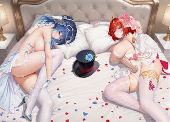 2girls absurdres ahoge armpit_crease ass asymmetrical_legwear bare_shoulders bed black_hat blonde_hair blue_eyes blue_flower blue_hair blue_rose blush breasts bridal_veil chinese_commentary closed_mouth commentary_request detached_sleeves feet_out_of_frame flower gloves gradient_hair grey_shoes hair_bun hair_flower hair_ornament hat high_heels highres hugging_object katya_klein lamo large_breasts long_sleeves looking_at_viewer lying mismatched_legwear multicolored_hair multiple_girls navel nightstand nontraditional_wedding_dress on_bed on_side parted_lips petals pillow pillow_hug pink_flower pink_rose red_hair revealing_clothes rose shoes short_hair sideboob single_hair_bun smile snowbreak:_containment_zone streaked_hair tess_kotkin thighhighs top_hat two-tone_hair unworn_hat unworn_headwear veil white_gloves white_thighhighs yuan13597