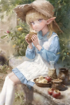 Rule 34 | 1girl, :t, apple, apron, bingwei huang, blonde hair, blue dress, blue eyes, blush, bowl, bread, brown hat, chewing, closed mouth, dress, eating, elf, food, fruit, glass bottle, hat, highres, holding, holding food, kneehighs, long hair, long pointy ears, long sleeves, looking at viewer, original, outdoors, pointy ears, puffy cheeks, sitting, socks, solo, straw hat, white apron, white socks