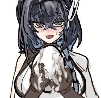 1girl arknights bag black_gloves black_hair blue_eyes blue_hair breasts cantabile_(arknights) commentary crossed_bangs egg feather_hair gloves hair_between_eyes hairband holding holding_egg long_hair looking_at_viewer mole mole_under_eye open_mouth simple_background solo suggestive_fluid sweat thiccborb white_background