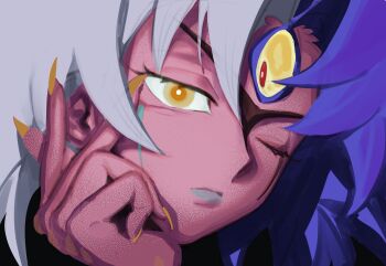 absurdres blue_hair blue_lips claws colored_skin demon_girl duel_monster facial_mark highres one_eye_closed orange_eyes pink_skin spiked_hair tawashipurin third_eye white_hair yu-gi-oh! yu-gi-oh!_gx yubel