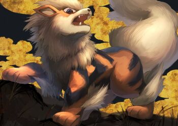 Rule 34 | animal focus, arcanine, commentary request, eko (wk egg), gen 1 pokemon, grass, looking down, nintendo, no humans, open mouth, pokemon, pokemon (creature), sharp teeth, solo, standing, teeth, twitter username, watermark, yellow fur