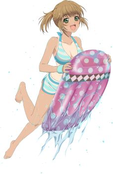 Rule 34 | 1girl, artist request, barefoot, bikini, bikini shorts, blue bikini, breasts, brown hair, cleavage, collarbone, feet, full body, game cg, green eyes, highres, holding, holding surfboard, legs, leia rolando, leia rolando (swimsuit), looking at viewer, medium breasts, official alternate costume, official art, open mouth, ponytail, short hair, shorts, smile, solo, splashing, striped bikini, striped clothes, surfboard, surfing, swimsuit, tales of (series), tales of asteria, tales of xillia, tan, tanline, third-party source, toes, transparent background, wet, wet hair, white bikini