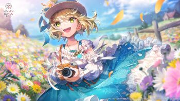 Rule 34 | 1girl, :d, blonde hair, blue skirt, blue sky, blurry, blurry background, camera, casual, copyright name, copyright notice, cowboy shot, day, depth of field, eyes visible through hair, falling petals, field, floating clothes, floating hair, floral print, floral print skirt, flower, flower field, frilled shirt, frilled skirt, frills, green eyes, hair between eyes, hair ornament, hairclip, happy, hat, hat flower, heaven burns red, high-waist skirt, highres, holding, holding camera, irene redmayne, irene redmayne (where the breeze's song leads), jewelry, long skirt, long sleeves, looking at viewer, necklace, off-shoulder shirt, off shoulder, official alternate costume, official art, official wallpaper, open mouth, outdoors, petals, pink flower, print skirt, shirt, short hair, skirt, sky, smile, solo, sun hat, teeth, upper teeth only, white flower, white shirt, wind, yellow flower