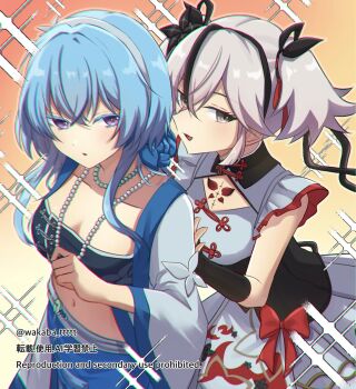 Rule 34 | 0roshioji3ran, 2girls, bead necklace, beads, black eyes, black flower, blake bloom (wuthering waves), blue hair, breasts, camellya (wuthering waves), chromatic aberration, collar, collarbone, colored eyelashes, dress, flower, hair flower, hair ornament, hair vines, highres, jewelry, long hair, looking at viewer, medium breasts, midriff, multiple girls, navel, necklace, official alternate costume, parted lips, purple eyes, shorekeeper (wuthering waves), smile, sparkle, sparkling aura, tacet mark (wuthering waves), white collar, white dress, white hair, wuthering waves