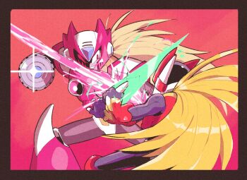 Rule 34 | 2boys, alternate costume, android, arm cannon, armor, blonde hair, blue gem, clash, commission, energy blade, energy sword, evil grin, evil smile, feet out of frame, fighting, forehead jewel, from behind, full body, gem, glint, grin, helmet, holding, holding sword, holding weapon, inkerton-kun, long hair, male focus, mega man (series), mega man x (series), mega man zero (series), mega man zero 3, multiple boys, omega (mega man), pale skin, red armor, red helmet, red vest, smile, sparks, split theme, sword, sword clash, sword fight, vest, weapon, z saber, zero(z) (mega man), zero (mega man)