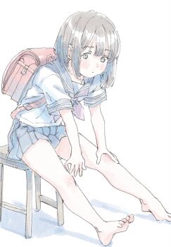 1girl backpack bag barefoot blue_sailor_collar blue_skirt blunt_bangs brown_eyes brown_hair closed_mouth dot_mouth dot_nose double-parted_bangs expressionless hair_between_eyes hand_on_own_knee highres leaning_forward looking_at_viewer neckerchief original outstretched_legs pleated_skirt poranka_(porankaran) randoseru red_bag red_neckerchief sailor_collar school_bag school_uniform serafuku short_hair simple_background single_sidelock skirt solo thighs white_background